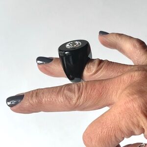 Vintage Size 5.75 Lucite Ring Chunky Flat Top Dome Black w Rhinestone Statement